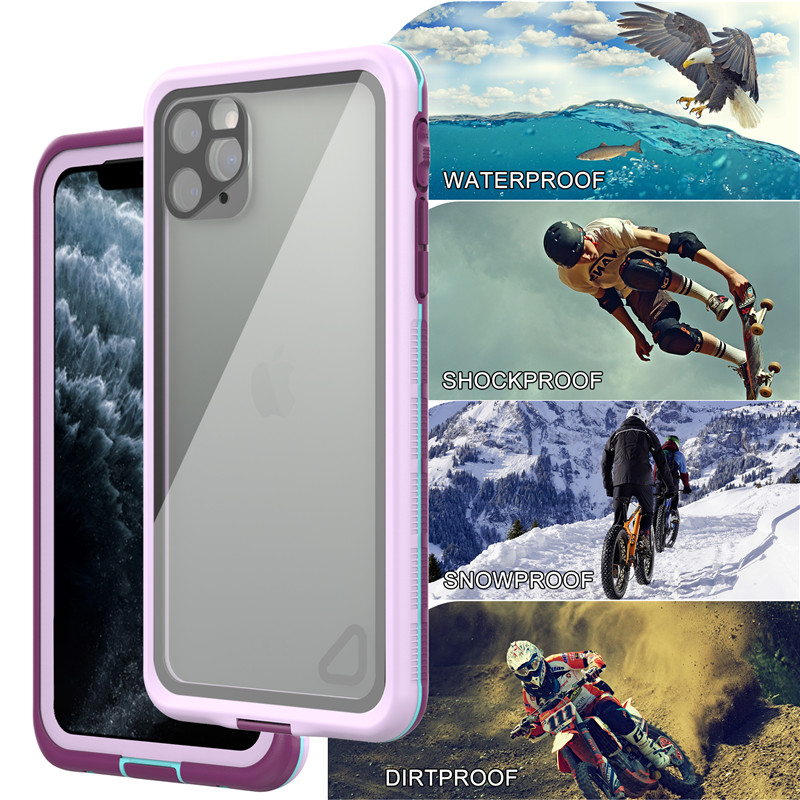 El teléfono móvil impermeable más barato, el iPhone 11 pro Max, el impermeable, el iPhone, el púrpura, la parte trasera transparente.